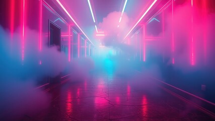 Mysterious Neon Corridor with Pink and Blue Lighting and Fog
