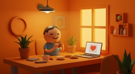 Vibrant minimalist workspace featuring orange decor, heart on screen, cheerful design elements, and a cozy vibe ideal for productivity, learning, and creative inspiration at home