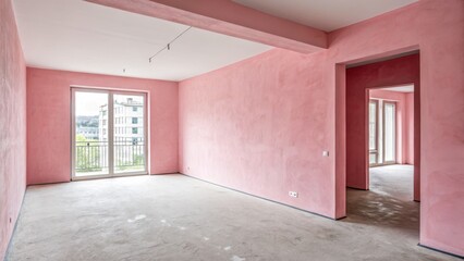 Pink Walls, White Ceiling, Empty Room Interior Design, Concrete Floor, Modern Apartment, Real Estate Photography Apartment Interior, Room Design