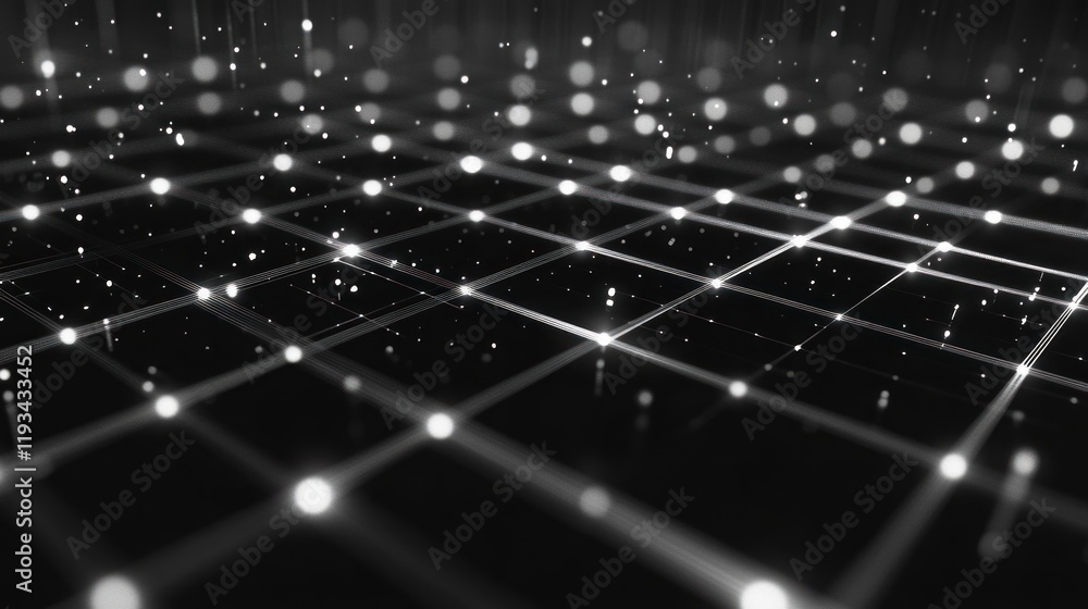 Poster abstract digital grid network: illuminated nodes and connections in dark space