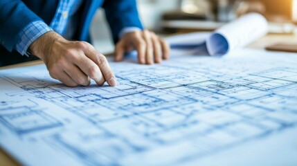 A macro shot of a professional looking at a blueprint on a desk, representing a business mindset actively working on a strategy to capitalize on emerging opportunities.