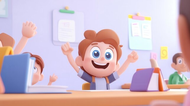 A cartoon-style classroom with kids raising their hands, colorful books, a cheerful teacher, and motivational posters on the walls.