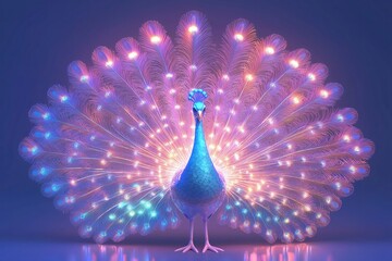 A plump cartoon peacock with a shimmering, glowing tail of pastel feathers.