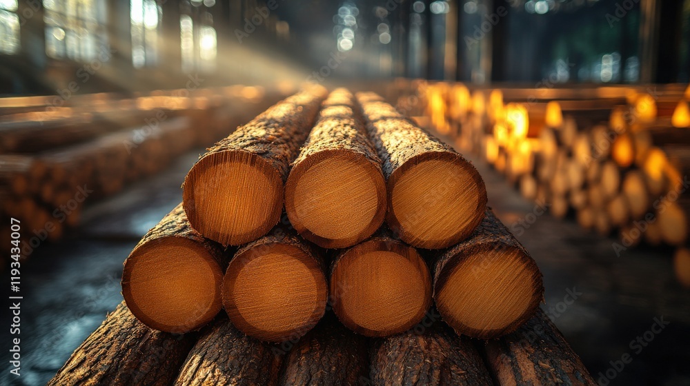 Poster logs stacked in a timber yard with dramatic lighting showcasing natural textures and patterns of fre