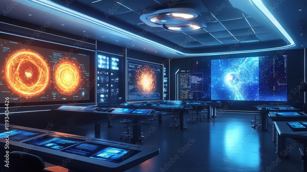 Poster a futuristic classroom with quantum education tools, including interactive screens displaying quantu