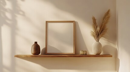 Wooden Shelf Decorated With Frame Vase And Pampas Grass
