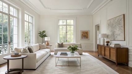 Fototapeta premium Serene Living Room Neutral Palette, White Walls, Natural Light, Sectional Sofa, Area Rug,Modern Interior Design Interior Design, Home Decor