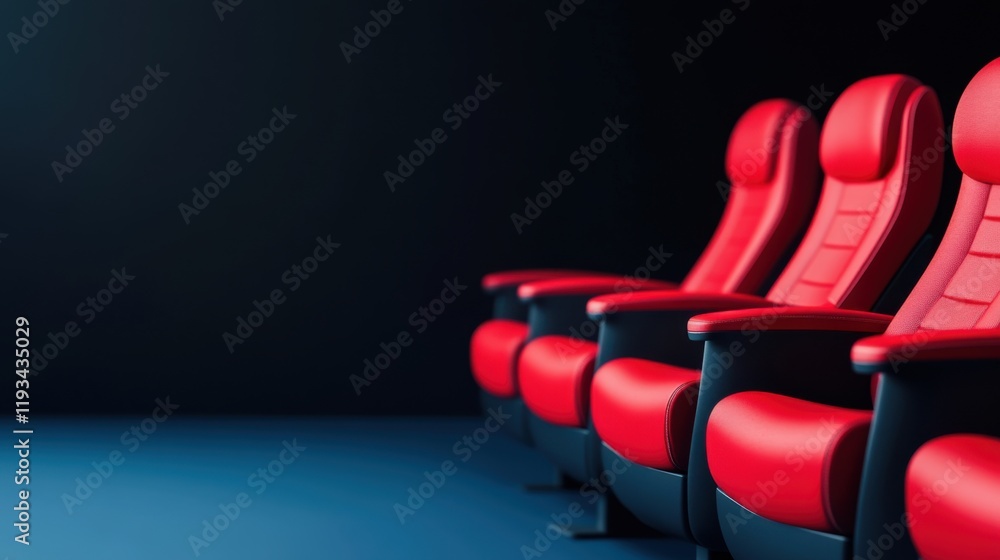 Poster a row of stylish red cinema seats in empty theater with dark background and soft lighting for creati