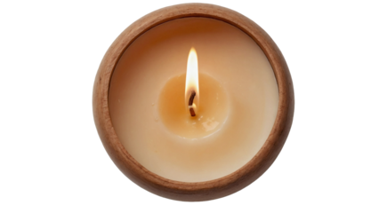 Wooden candle isolated on transparent background, top view, Generative AIWooden candle isolated on transparent background, top view, Generative AI