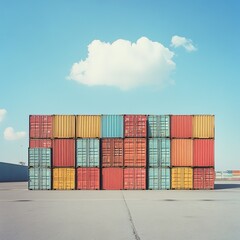 Cargo Dreams: A vibrant, abstract composition of colorful shipping containers stacked against a clear blue sky, symbolizing the global interconnectedness of trade and commerce.