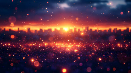 Magical Cityscape at Sunset with Glowing Lights and Sparkles