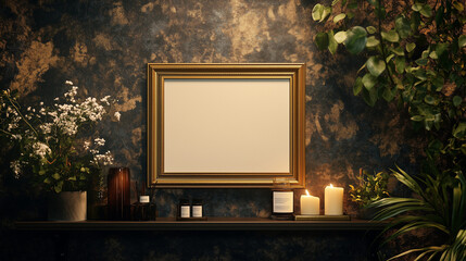 Golden Photo Frame Mockup in Cozy Interior Design Setup, Enhance your portfolio with this luxurious yet warm mockup featuring decorative accents.