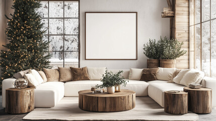 Living Room Mockup Featuring Blank Frame and Greenery, A refined mockup for creative professionals showcasing empty art frames and modern furniture.