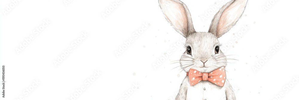 Poster whimsical illustrated rabbit wearing a bow tie with a charming expression in a light and playful set