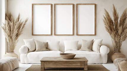 Modern Living Room Mockup with Blank Poster Frames, A stylish mockup showcasing blank poster frames in a contemporary living space.