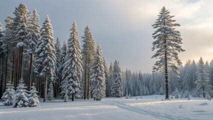 Obraz premium Sunlit Snow-Covered Pine Forest Landscape Photography, Winter Scene, Snowy Trees, Composition, Image Winter Landscape, Pine Trees