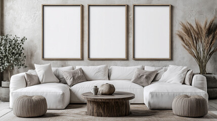 Mockup of Blank Poster Frames in Contemporary Living Room, A modern, clean living room mockup with blank frames to enhance artistic possibilities.