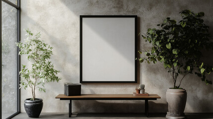 Modern Office Interior with Mockup of Black Frame: This stylish workspace features an empty black frame, plants, and elegant personal touches.