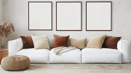 Sophisticated Living Room with Blank Poster Mockup Frames