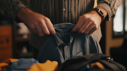 Obraz premium Close-Up of a Man's Hands Folding a Shirt Neatly, Highlighting Organization, Attention to Detail, and Lifestyle in a Cozy Setting, Perfect for Travel and Wardrobe Organization Photography