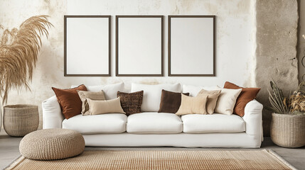 Living Room with Three Blank Poster Frames Mockup
