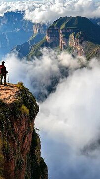 Hiker contemplating majestic canyon view above clouds in bolivia