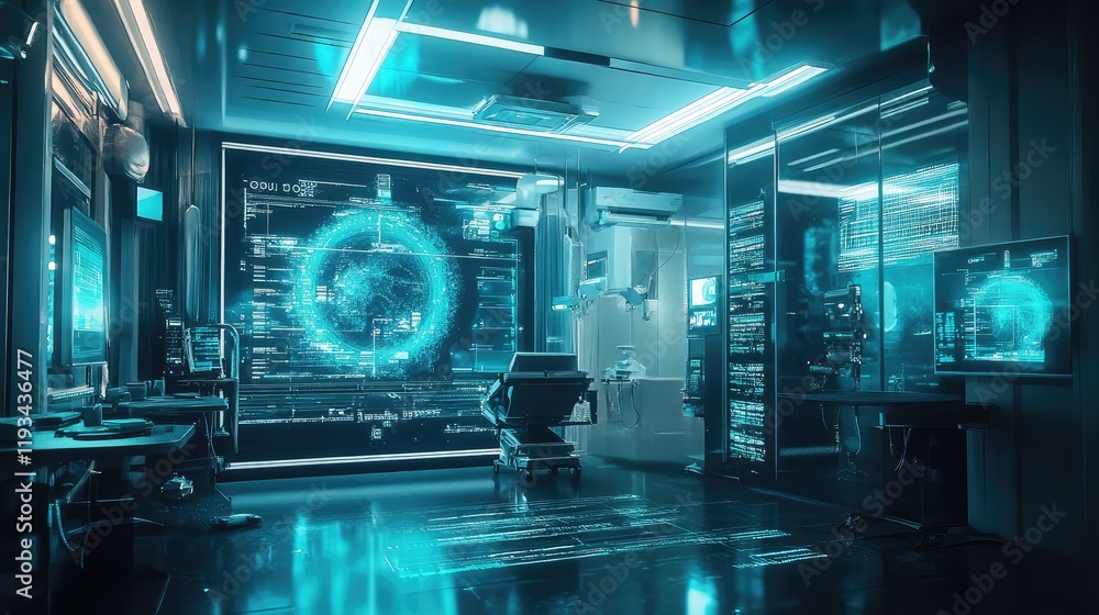 Poster a futuristic healthcare setting utilizing quantum technology, with quantum circuits analyzing medica