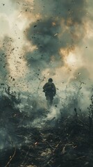 Fototapeta premium Dramatic fire scene with a silhouette of a man against a background of smoke and fire. Suitable for news articles, social campaigns and educational materials.