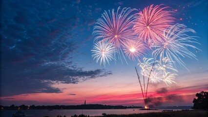 Sunset Fireworks Display Pink and White Burst Composition, Landscape Photography Fireworks, Photography