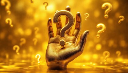 Hand, floating question marks, metallic, golden background, surreal, uncertainty, mystery,dramatic lighting, thought-provoking