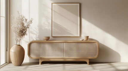White frame mockup, poster on the wall of a living room interior with a wood sideboard and vase