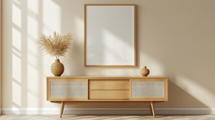 A stylish living room setting featuring a white frame mockup, wooden sideboard, and decorative vase
