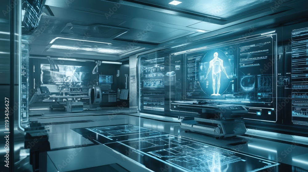 Poster a futuristic healthcare setting utilizing quantum technology, with quantum circuits analyzing medica