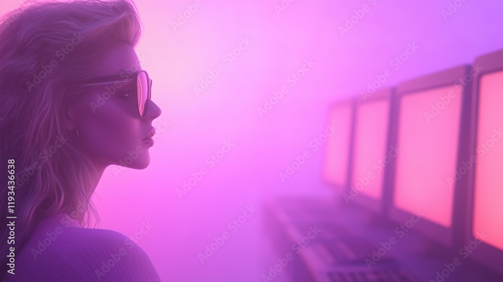 Poster futuristic female pilot in neon pink glow with computers featuring modern style highlighting cyberpu