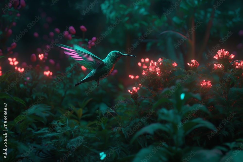 Aufkleber a tiny hummingbird with multicolored, iridescent feathers hovering near glowing flowers
