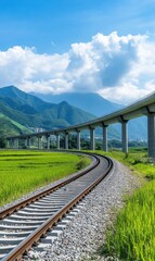 Scenic Railway Track Curving Through Lush Green Fields Under a Bright Blue Sky with Mountains in the Background