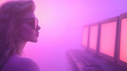 Futuristic Female Pilot in Neon Pink Glow with Computers Featuring Modern Style Highlighting Cyberpunk Aesthetics and Virtual Reality Elements in Ambient Foggy Setting for Innovative Themes