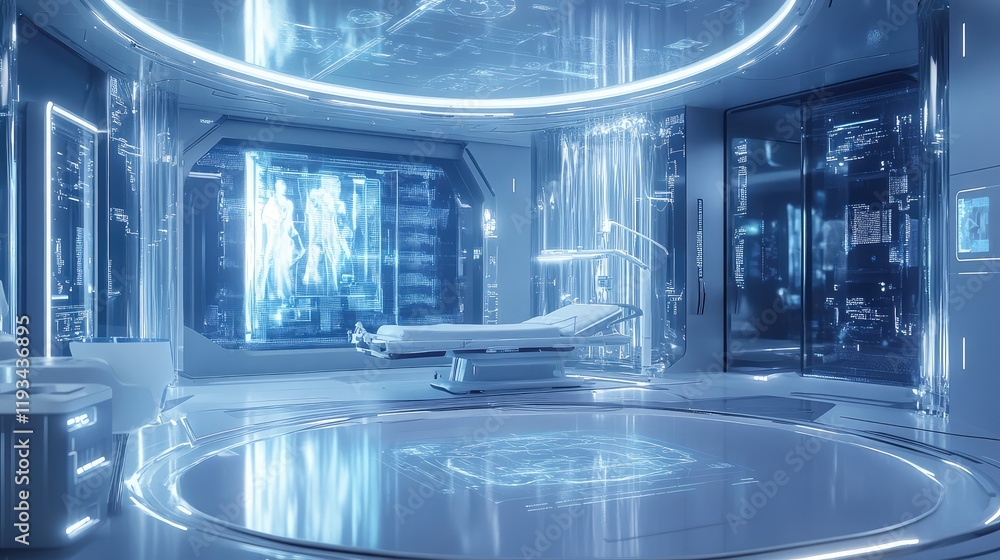 Poster a futuristic healthcare setting utilizing quantum technology, with quantum circuits analyzing medica