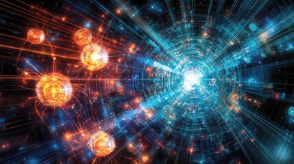 Fototapeta premium A futuristic design of a quantum computing system, with qubits and quantum circuits floating and interacting within a digital space