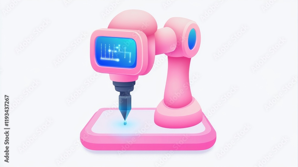 Poster a playful pink robotic arm with a screen, designed for precise drawing or writing, set on a flat sur
