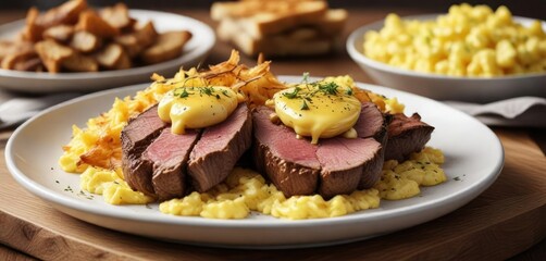 A tender cut of steak sliced into thick strips served atop a bed of scrambled eggs with golden brown hash browns and crispy toasted bread on the side, hearty breakfast, breakfast plate, savory dish