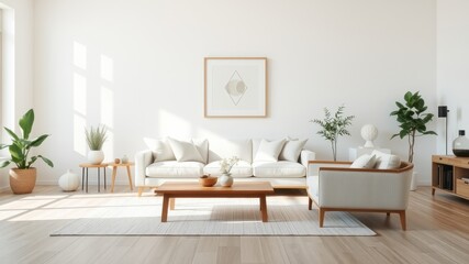 Serene Minimalist Living Room Interior Design with Natural Light and Wooden Accents