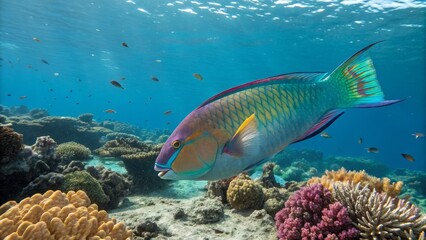 Fototapeta premium Underwater Parrotfish in Coral Reef Vibrant Colors, Sunlit Composition, Tropical Fish, Coral Ecosystem Underwater photography, Reef fish
