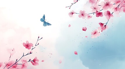 Watercolor Painting of Pink Blossoms and a Blue Butterfly