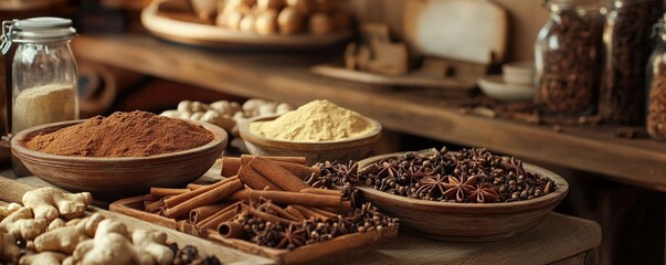 Aromatic Spices Cinnamon Sticks Star Anise Ginger Powdered Spices Wooden Bowls Rustic Kitchen