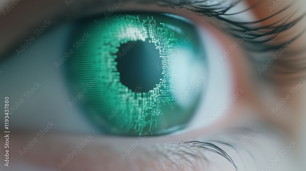 Poster futuristic digital eye close up showcasing intricate circuit patterns with cybernetic style and inno
