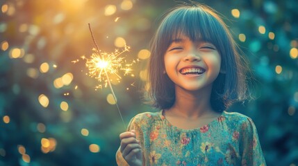 Joyful Child Holding a Sparkler in a Sunlit Garden Surrounded by Colorful Flowers.