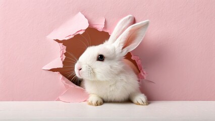 Obraz premium White Rabbit Peeking Through Pink Paper, Pastel Colors, Cute Animal Concept, Photography. Easter, Bunny