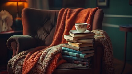 A cozy armchair in a corner with a stack of books and a cup of tea
