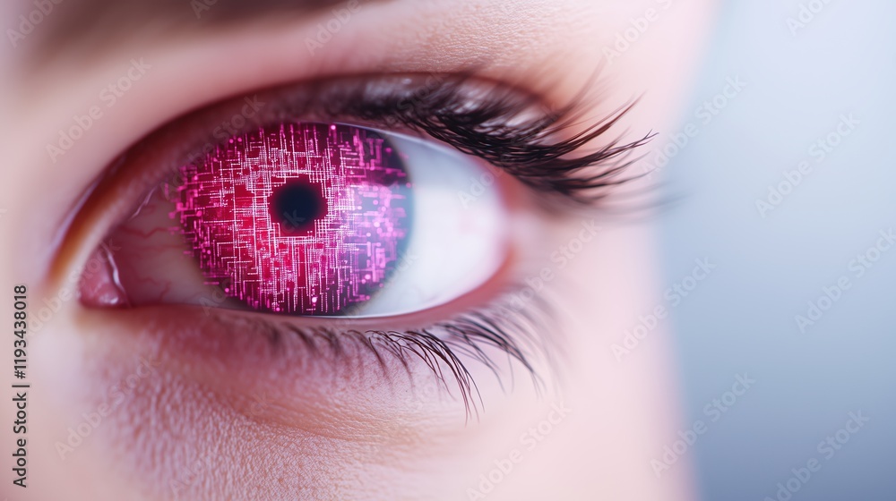 Poster futuristic digital eye close up with circuit patterns in vibrant pink colors reflecting advanced tec